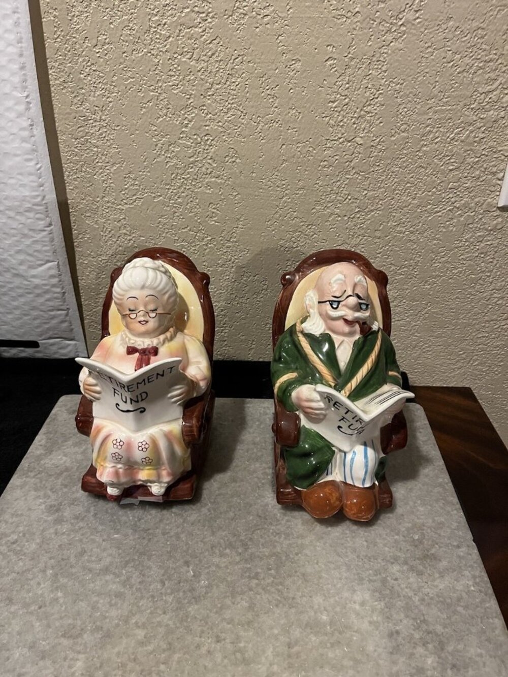 Vintage Lefton SET Ceramic Rocking Grandma & Grandpa Retirement Fund Piggy Banks